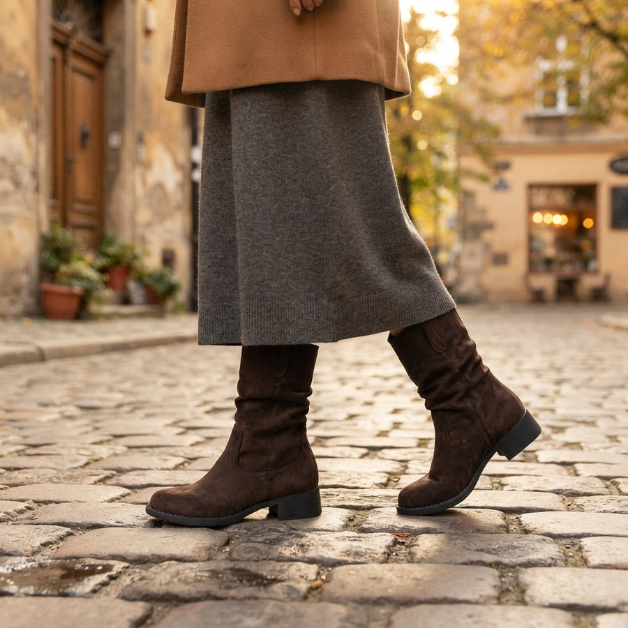 Bottes souples en daim pour femme à enfiler avec talon carré