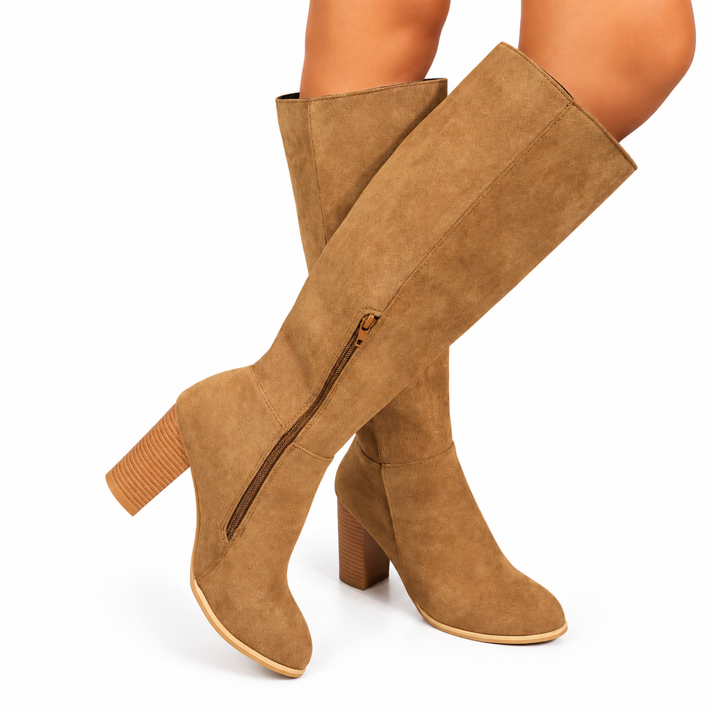 Women's Suede Knee High Cowboy Boots with Block Heel in Khaki – view 2