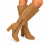 Women's Suede Knee High Cowboy Boots with Block Heel in Khaki – view 2