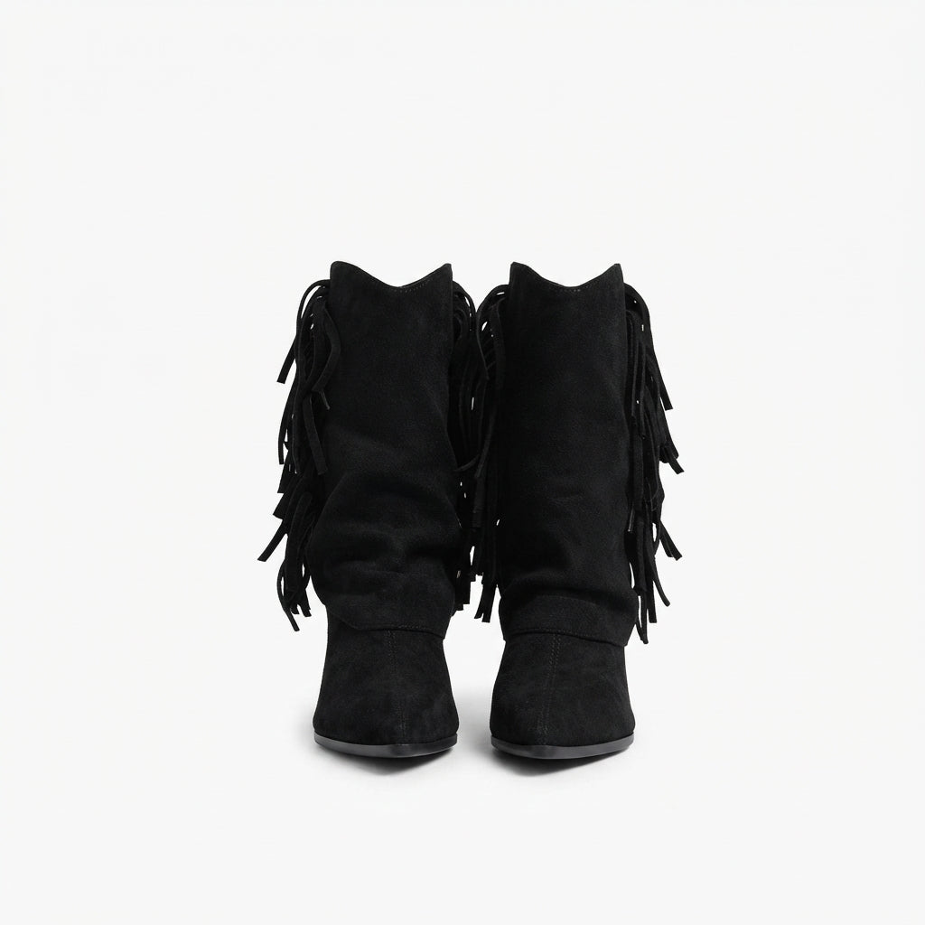 Women's Suede Fringe Slouch Cowboy Boots, Pointed Toe in Black – view 4