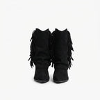 Women's Suede Fringe Slouch Cowboy Boots, Pointed Toe in Black – view 4