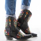 Women's Waterproof Leather Cowboy Ankle Boots with Embroidery in Black – view 2
