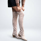 Women's Suede-Effect Over the Knee Boots with Block Heel in Beige – view 3