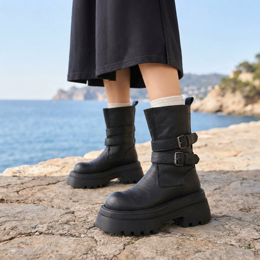 Bottes biker à plateforme pour femmes avec brides à double boucle