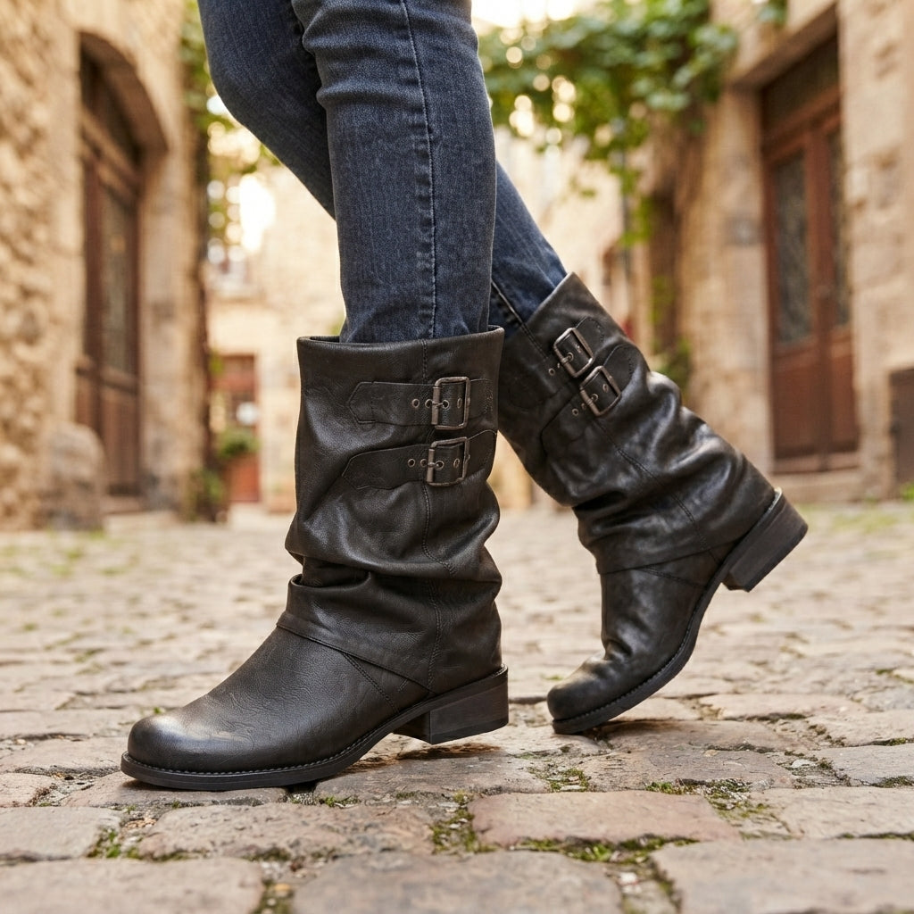 Women's Slouch Biker Boots with Twin Buckles in Black