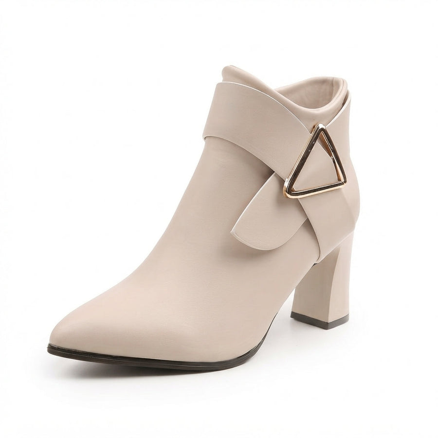 Women's Pointed Toe Block Heel Ankle Boots with Buckle Zip — view 5