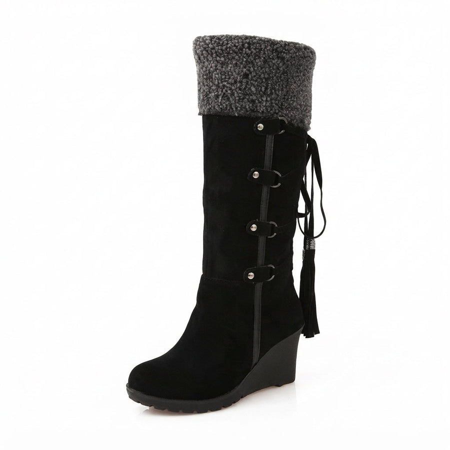 Women's Knee High Wedge Boots with Faux Shearling Cuff — view 4