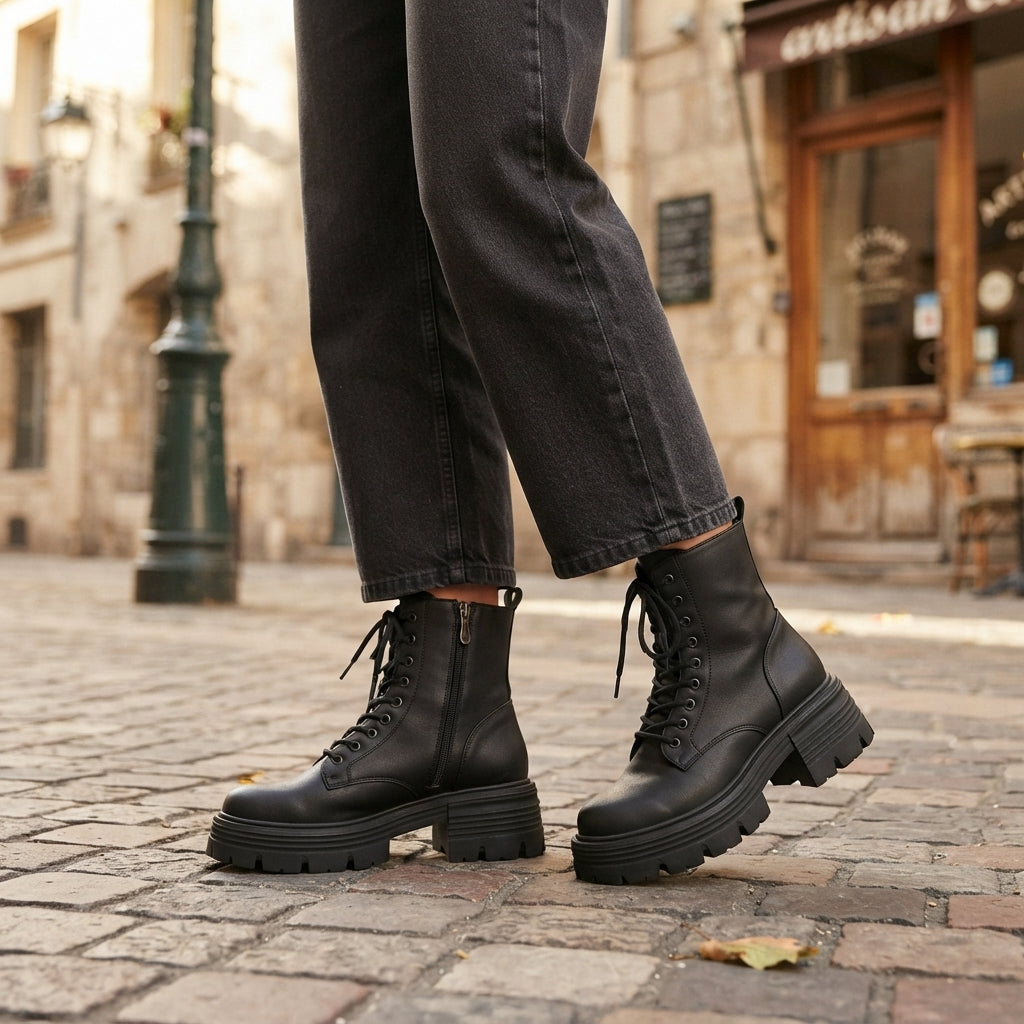 Women's Faux Leather Platform Combat Boots with Side Zip