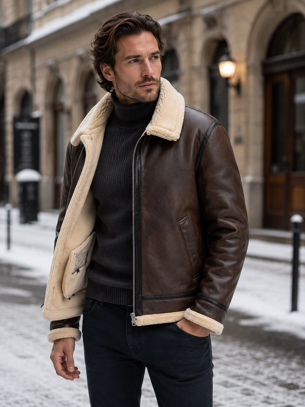 Men's leather-look faux shearling collar aviator jacket