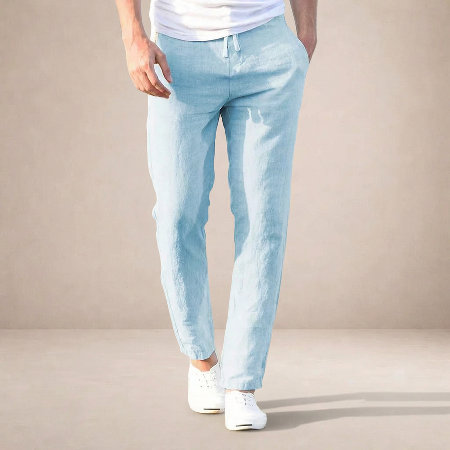 Men's straight-leg linen-look elastic waist trousers