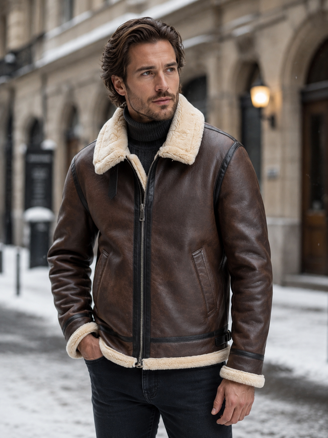 Men's leather-look faux shearling collar aviator jacket