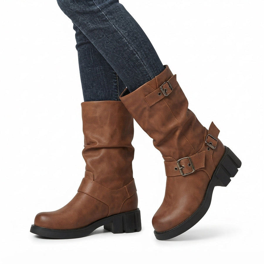 Women's Heeled Biker Boots with Buckle Straps & Lug Sole — view 5