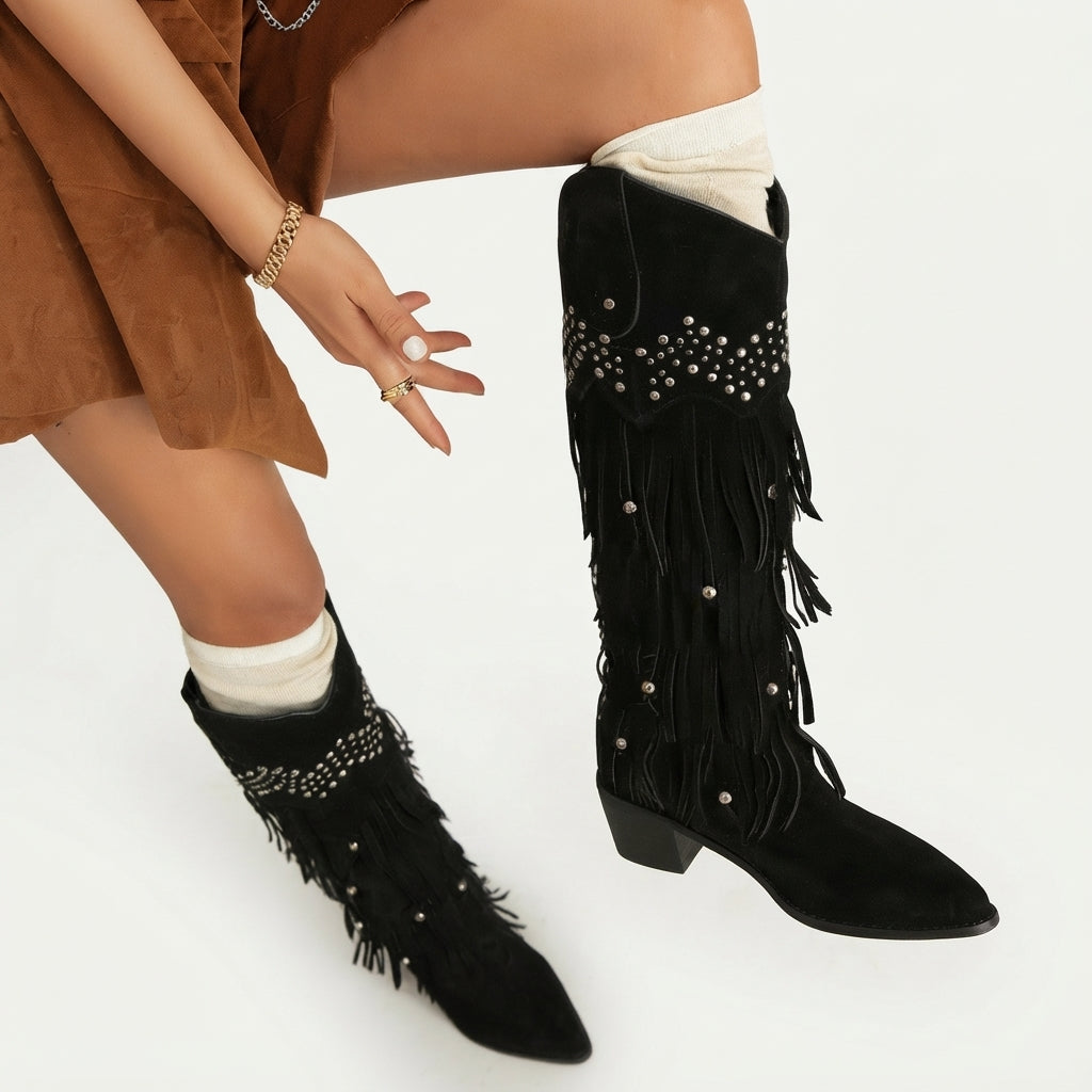 Women's Suede Knee High Fringe Cowboy Boots with Block Heel — view 5