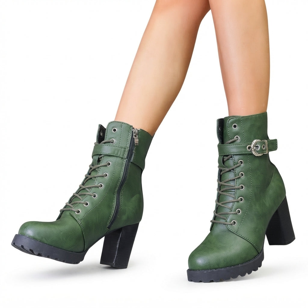 Women's Block Heel Lace-Up Combat Ankle Boots with Buckle