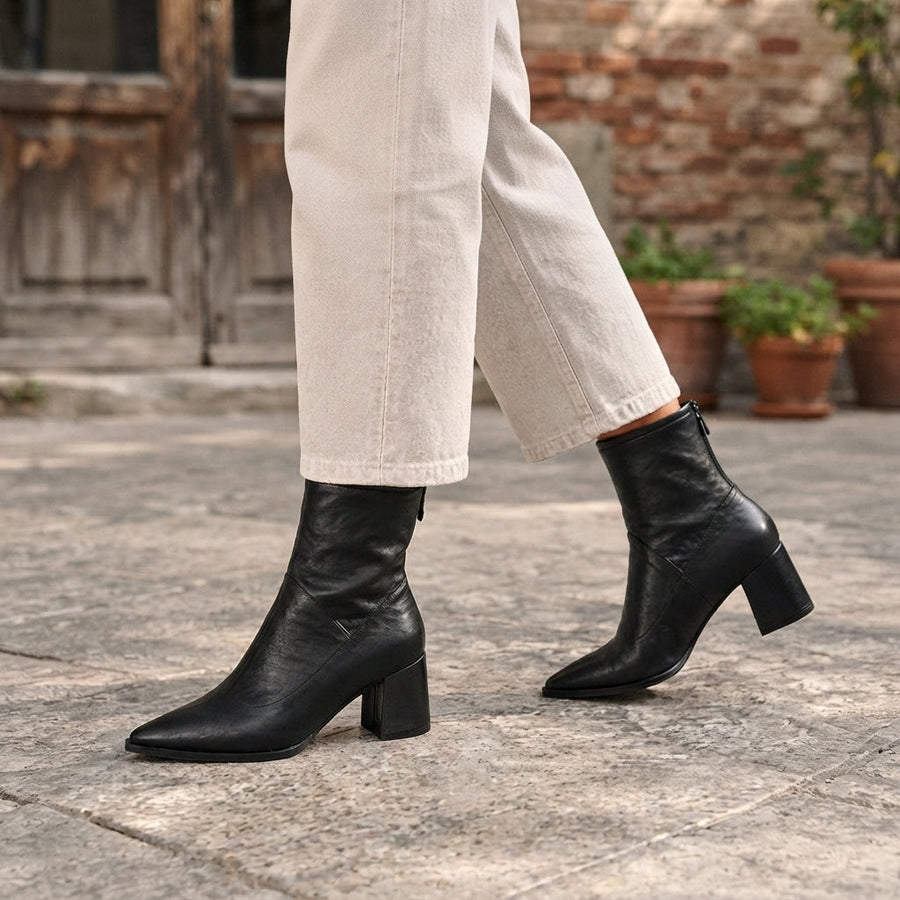 Bottines à talon et bout pointu en similicuir pour femmes, fermeture éclair arrière