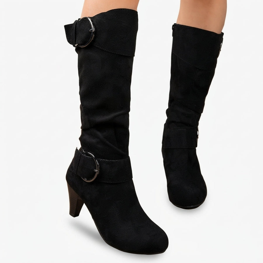 Women's Ruched Knee High Slouch Boots with Heel & Buckle — view 4