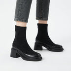 Women's Suede Square Toe Heeled Ankle Boots with Back Zip — view 5