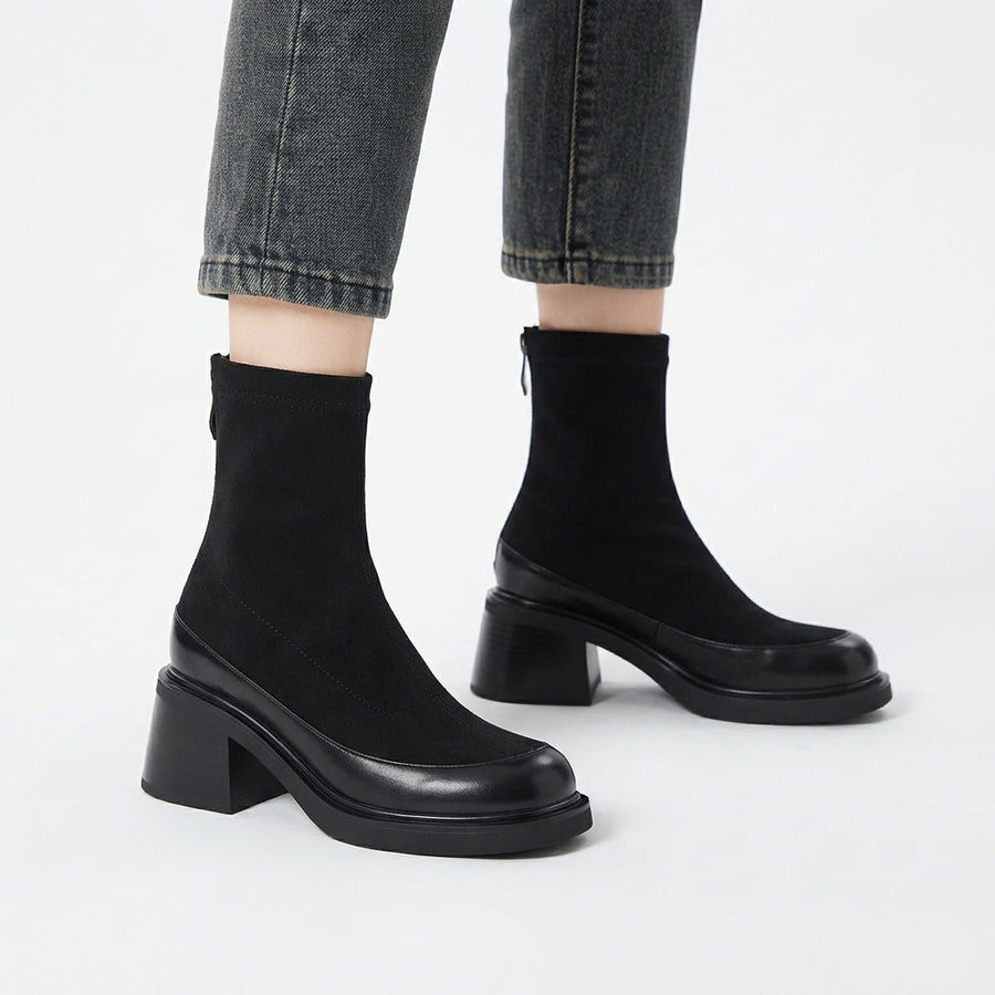 Women's Suede Square Toe Heeled Ankle Boots with Back Zip — view 5