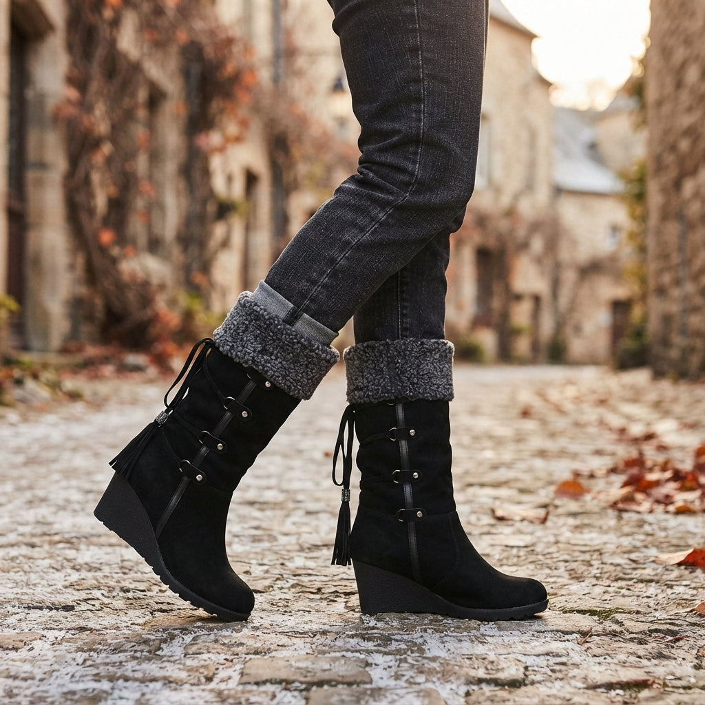 Women's Knee High Wedge Boots with Faux Shearling Cuff — view 5