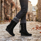 Women's Knee High Wedge Boots with Faux Shearling Cuff — view 5
