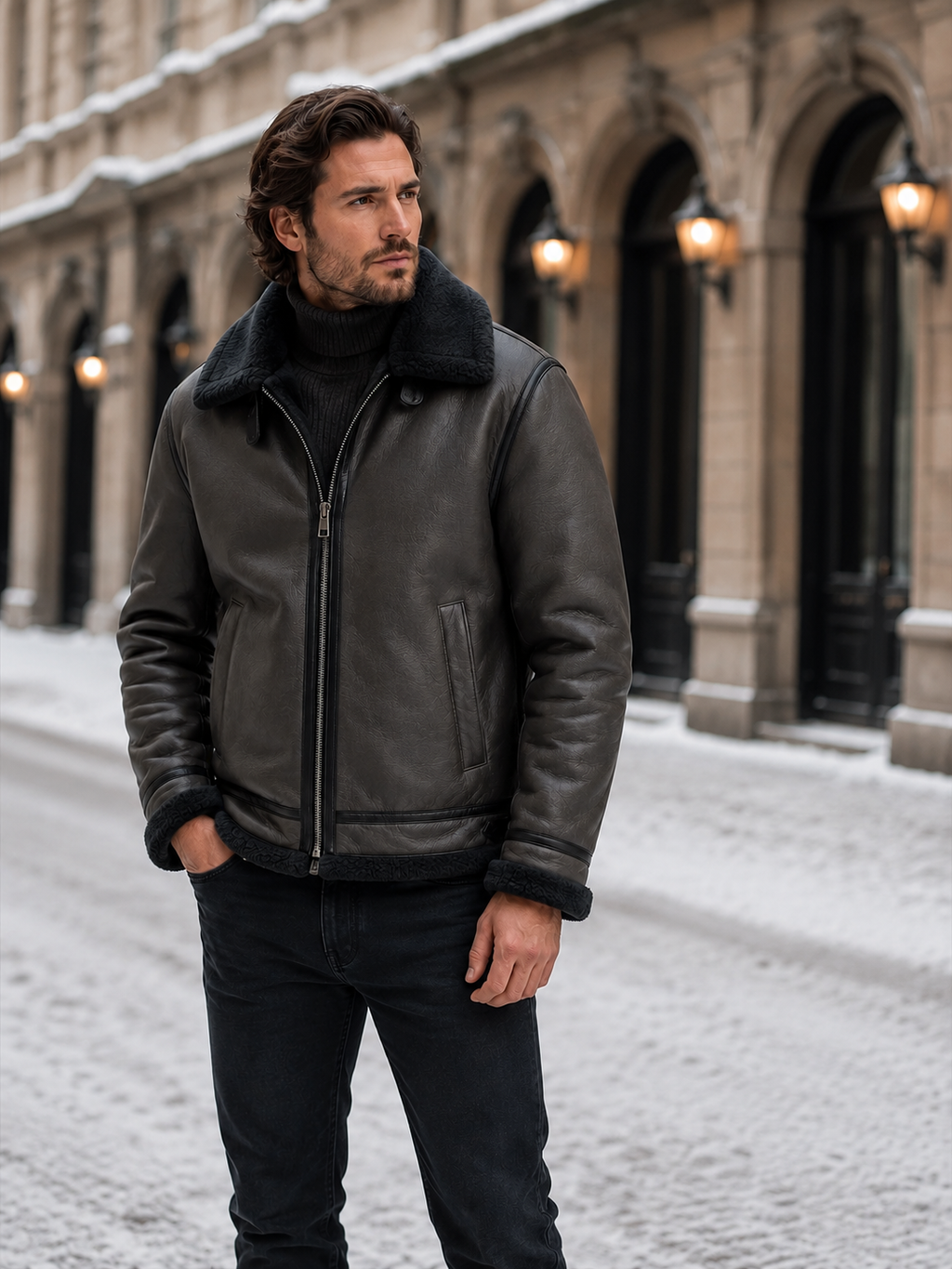 Men's leather-look faux shearling collar aviator jacket