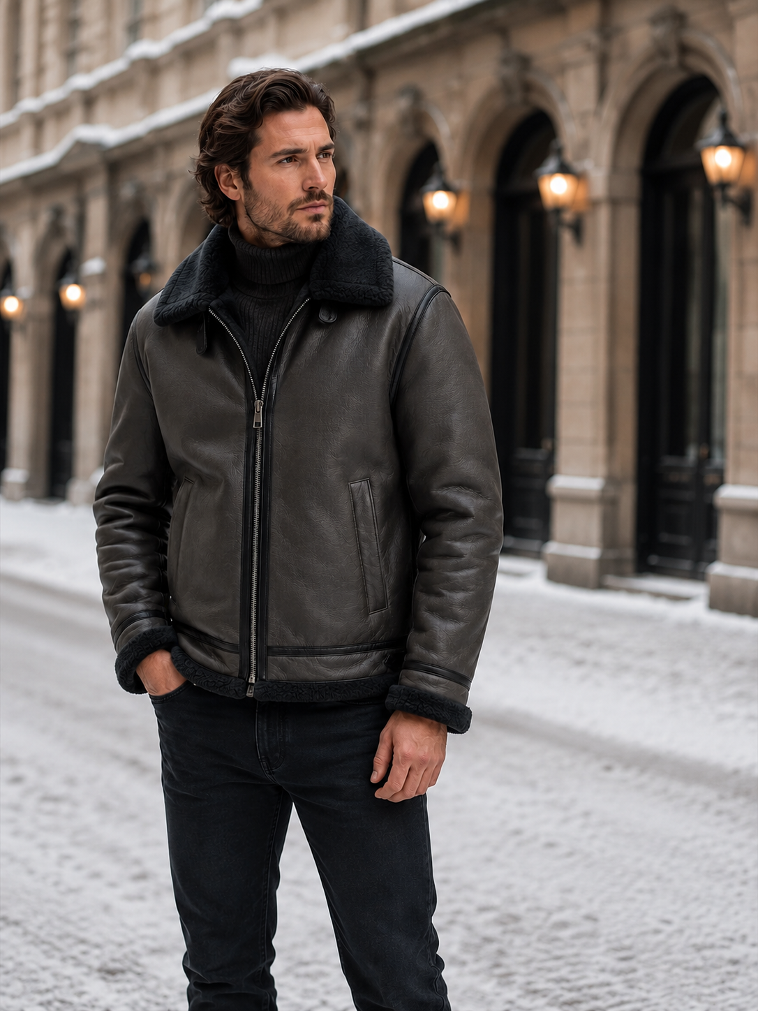 Men's leather-look faux shearling collar aviator jacket