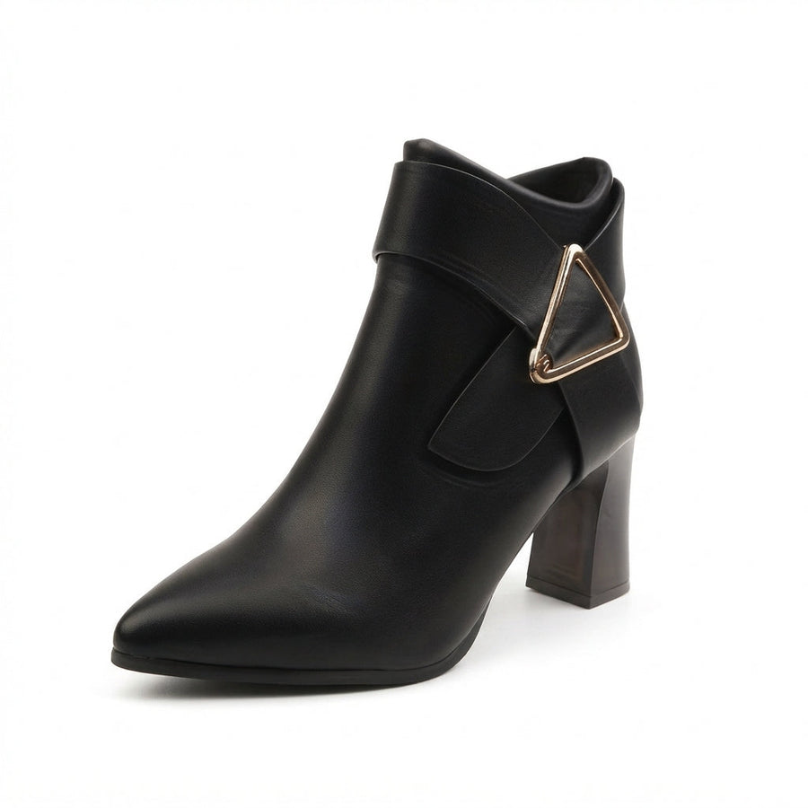 Women's Pointed Toe Block Heel Ankle Boots with Buckle Zip — view 2