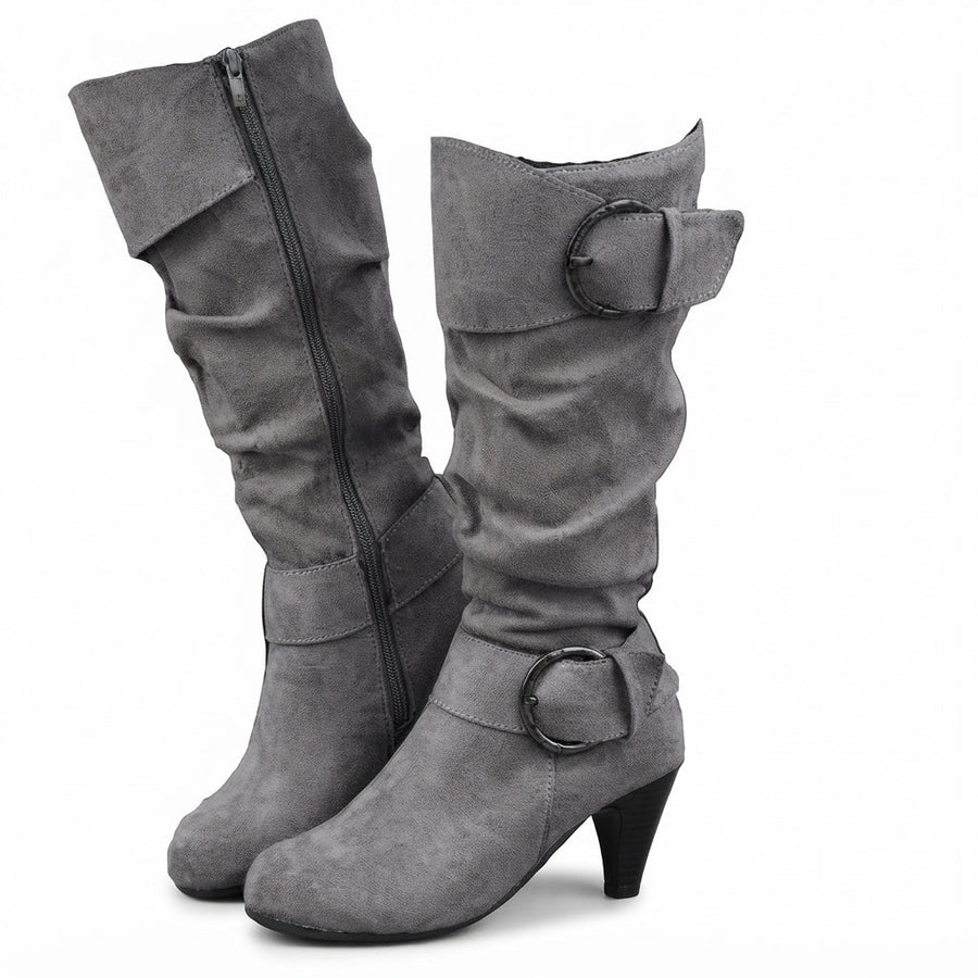Women's Ruched Knee High Slouch Boots with Heel & Buckle — view 6