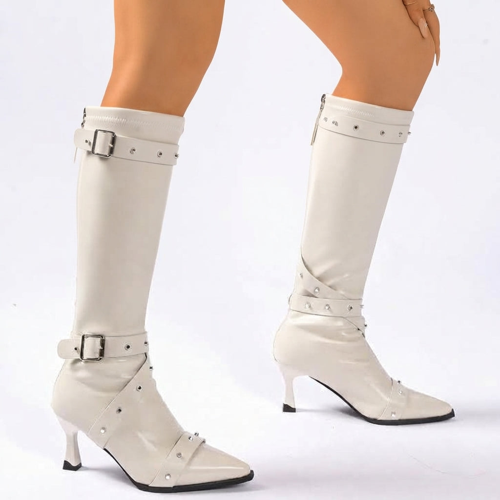 Women's Studded Heeled Knee High Boots with Pointed Toe — view 6