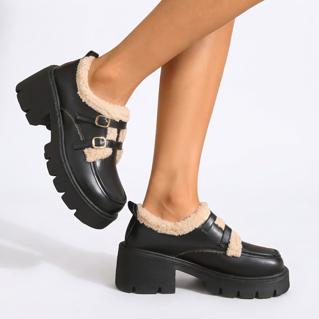 Women's Platform Monk Strap Shoes with Sherpa-Style Trim — view 6