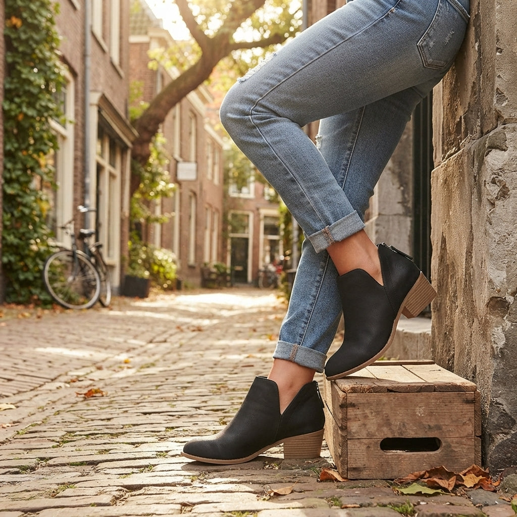 Women's Pointed Toe Block Heel Ankle Boots with Side Zip in Black – view 2