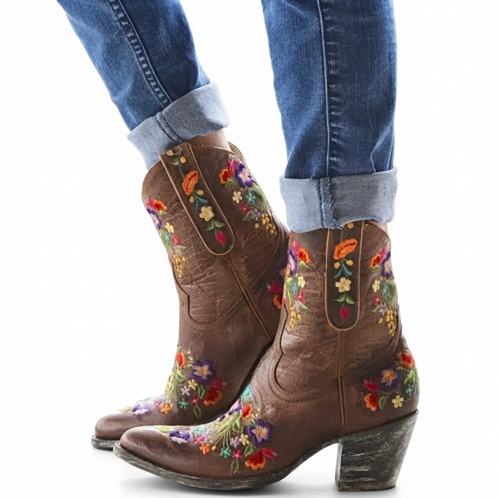 Women's Waterproof Leather Cowboy Ankle Boots with Embroidery in Brown – view 2