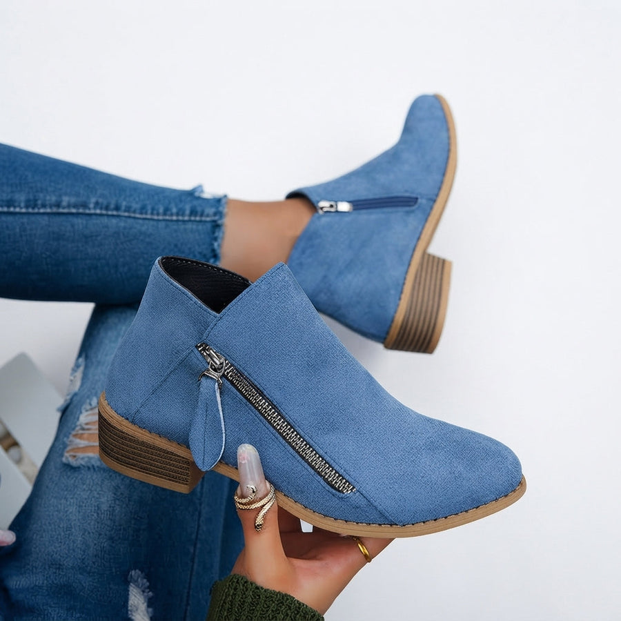 Women's Stacked Block Heel Ankle Boots with Side Zip — view 6
