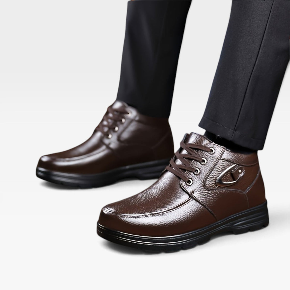 Men's Fleece-Lined Leather Lace-Up Boots with Buckle — view 11