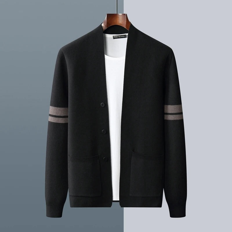 Men's V-neck cardigan with varsity sleeve stripes