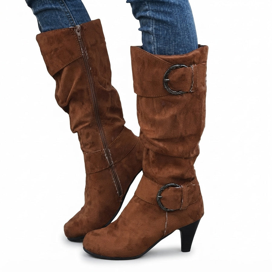 Women's Ruched Knee High Slouch Boots with Heel & Buckle — view 8