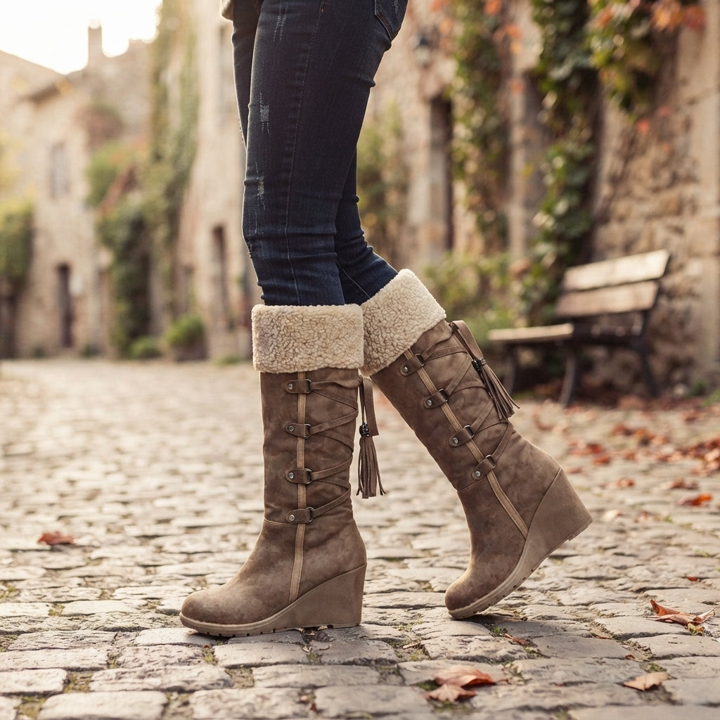 Women's Knee High Wedge Boots with Faux Shearling Cuff — view 7