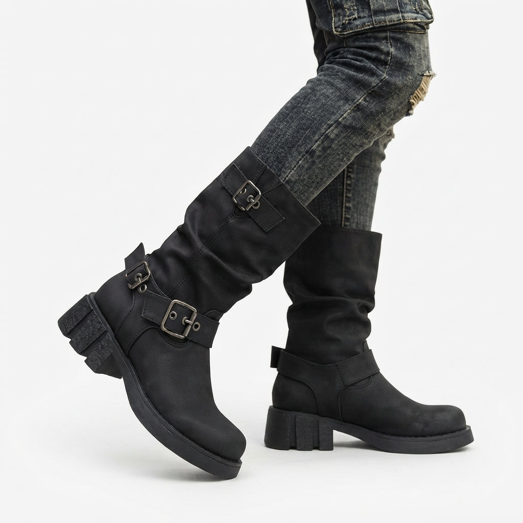 Women's Heeled Biker Boots with Buckle Straps & Lug Sole — view 7
