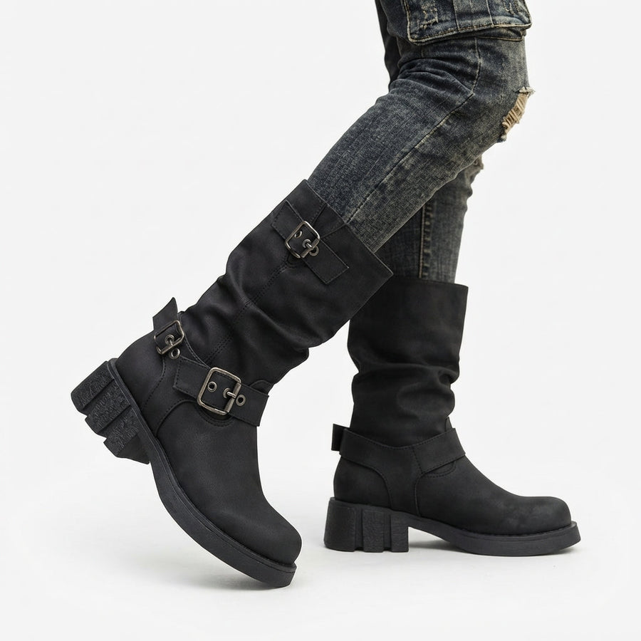 Women's Heeled Biker Boots with Buckle Straps & Lug Sole — view 7