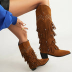 Women's Suede Knee High Fringe Cowboy Boots with Block Heel — view 7