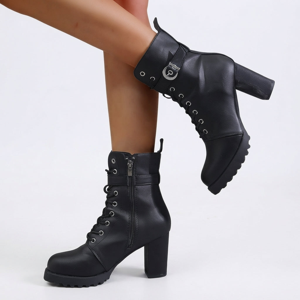 Women's Block Heel Lace-Up Combat Ankle Boots with Buckle