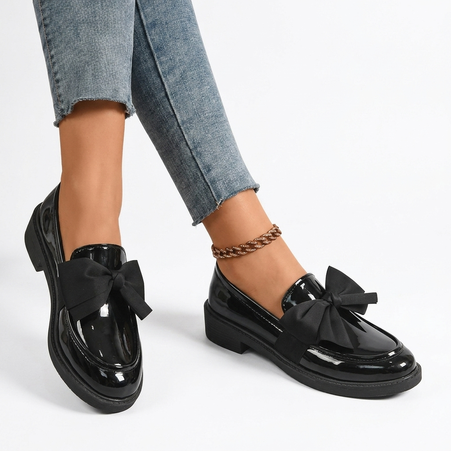 Women's Glossy Bow Loafers with Low Stacked Heel — view 7