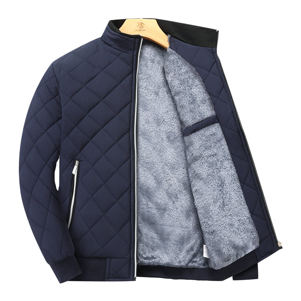 Men's diamond quilted zip-up jacket with stand collar