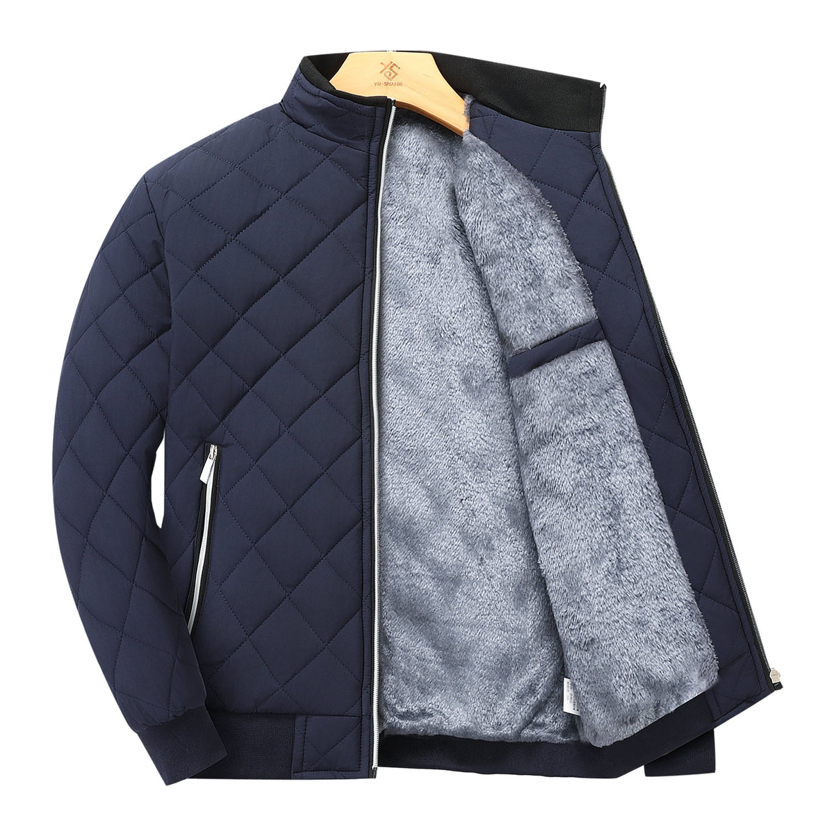 Men's diamond quilted zip-up jacket with stand collar