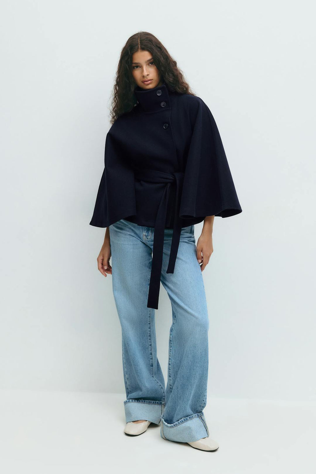 Women's belted cape coat with buttoned high collar