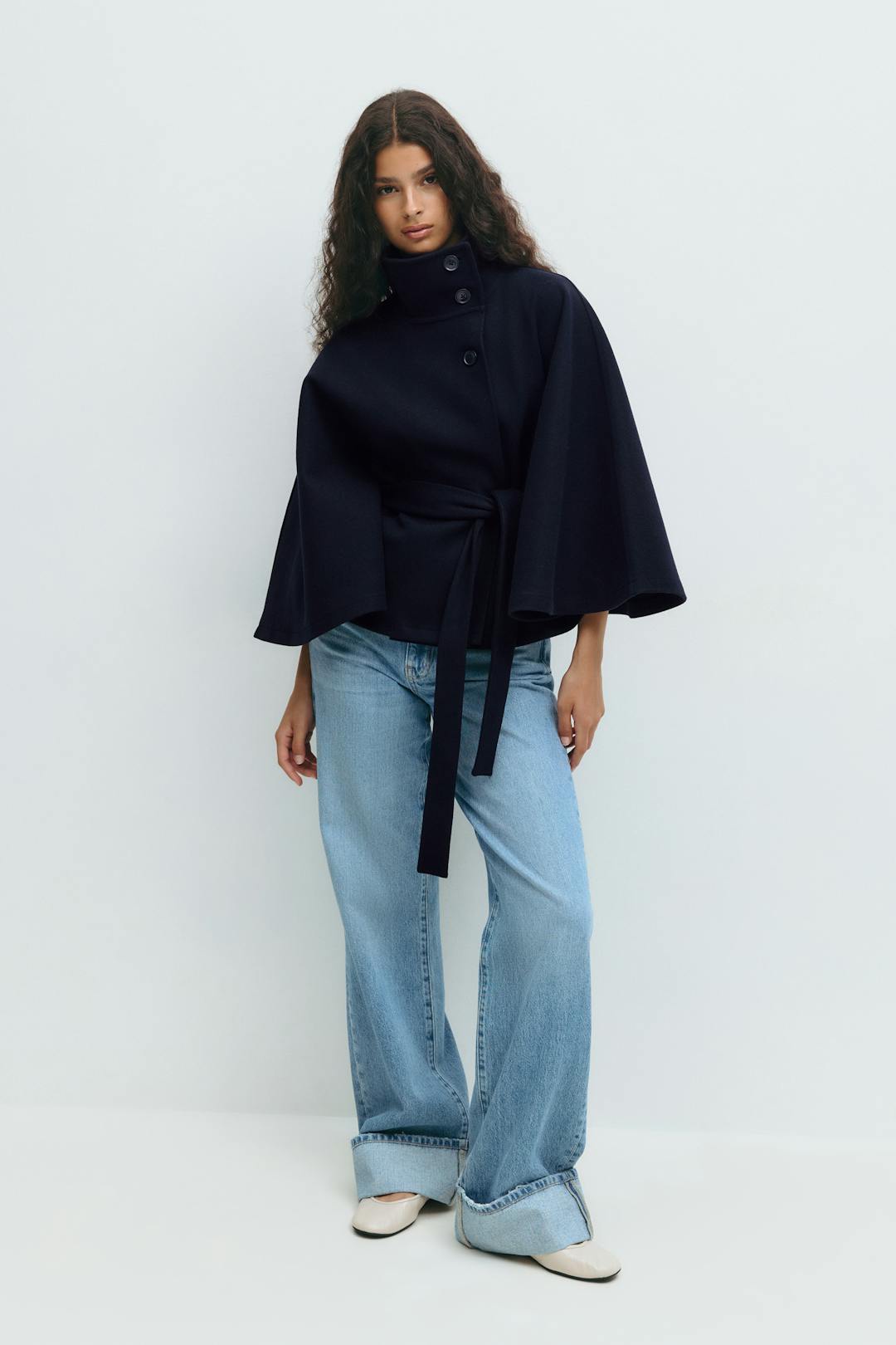 Women's belted cape coat with buttoned high collar