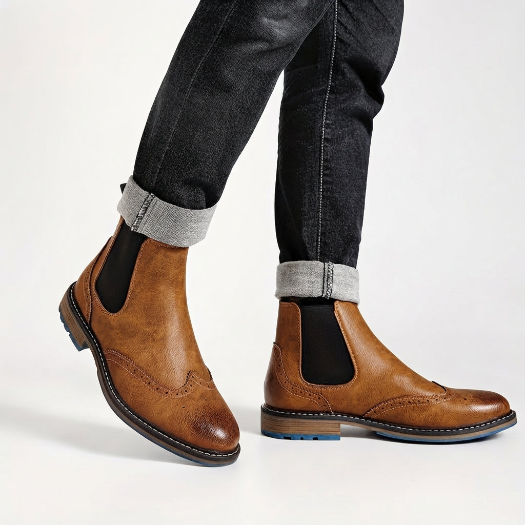 Men's Wingtip Brogue Chelsea Boots, Non-Slip Sole — view 9