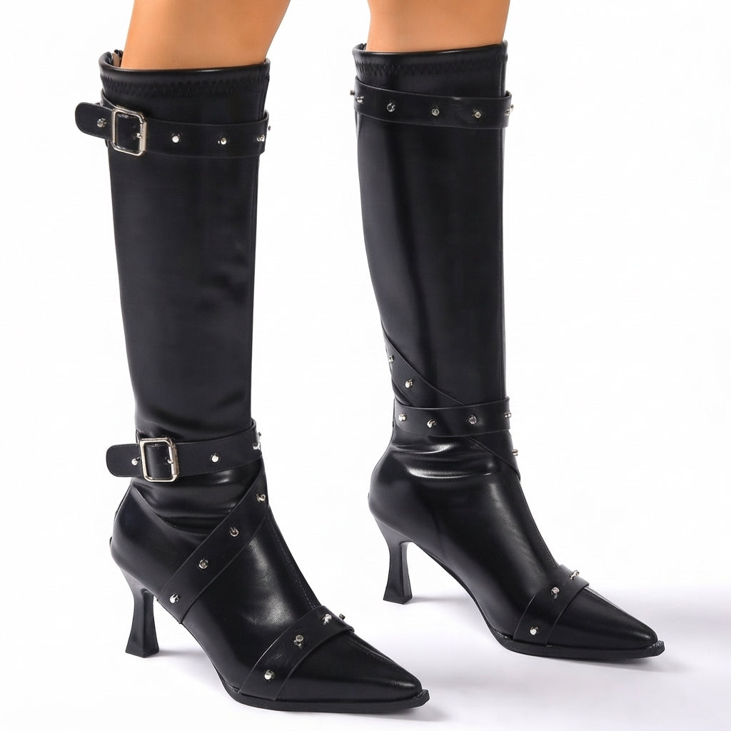 Women's Studded Heeled Knee High Boots with Pointed Toe — view 9