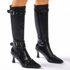 Women's Studded Heeled Knee High Boots with Pointed Toe — view 9