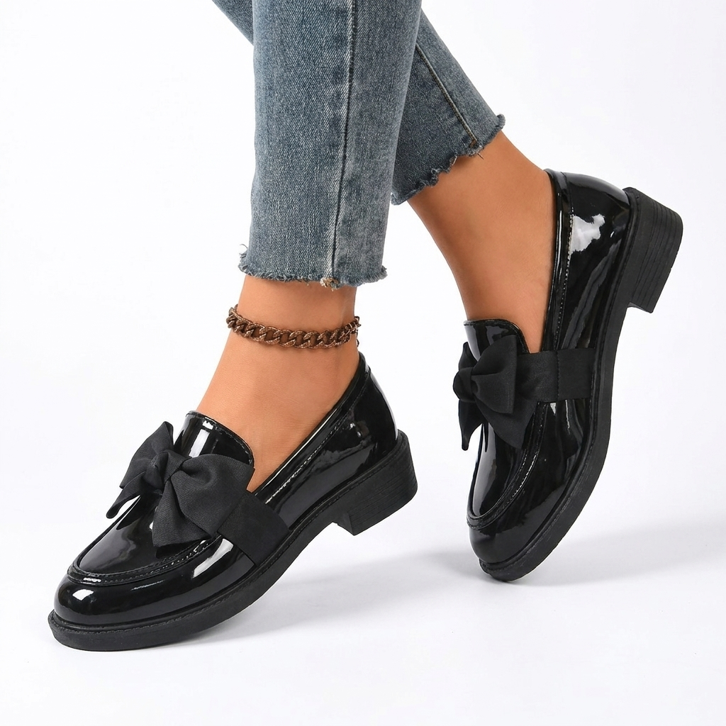 Women's Glossy Bow Loafers with Low Stacked Heel — view 8